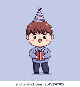 Cute cartoon boy celebrating new year or birthday party chibi kawaii