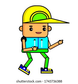 Cute cartoon boy character with a happy expression and sporty fashionable style, vector illustration.