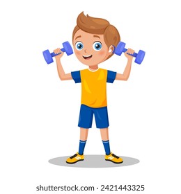 Cute cartoon boy character with hearing aid doing physical exercises with dumbbells