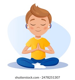 Personaje lindo del niño de la historieta con el audífono	
practicando yoga. Concepto de estilo de vida saludable.