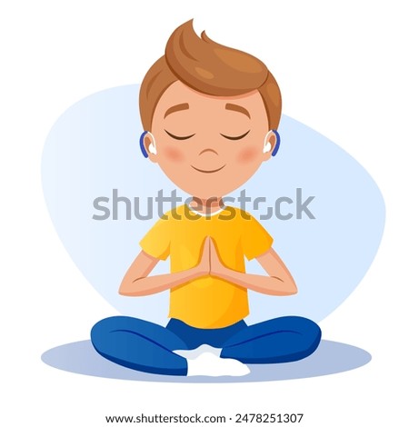 Cute cartoon boy character with hearing aid	
practicing yoga. Healthy lifestyle concept.