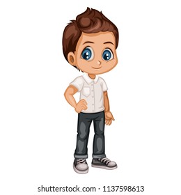 Cute Cartoon Boy Character Isolated on White Background. Young Boy Illustration in Casual Clothes