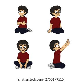 Personaje lindo del muchacho de la historieta fijado en múltiples poses y expresiones sentadas. Perfecto para contenido infantil, marcos de animación, cómics, pegatinas e ilustraciones educativas.