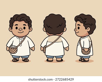 Un lindo personaje de dibujos animados que se muestra desde el frente, la parte posterior y las vistas laterales. Lleva ropa tradicional y lleva un Pequeño bolso.