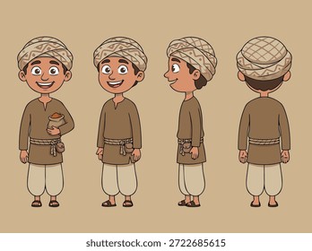 Un lindo personaje de dibujos animados que se muestra desde múltiples ángulos, frontal, lateral y posterior, con ropa tradicional y un turbante.