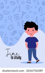Cute cartoon boy character standing with school education doodle background. Concept of learning, back to school, studying, knowledge and childhood in flat minimal style illustration.