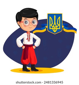 Cute cartoon boy character in traditional Ukrainian clothes with coat of arms of Ukraine and flag behind.