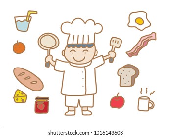 cute cartoon of a boy in chef costume holding a pan and a turner surrounded by various kinds of food (fried egg, water, orange, apple, milk, bacon, baguette, cheese, jam, bread)