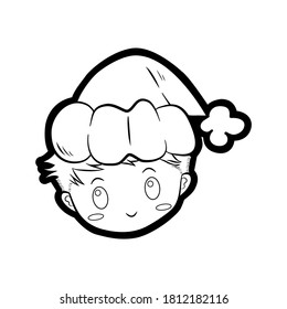 Cute cartoon boy with Christmas hat, icon, emoji element on white background. Doodle black line decoration for logo, coloring, card and any design. Vector illustration about holiday.