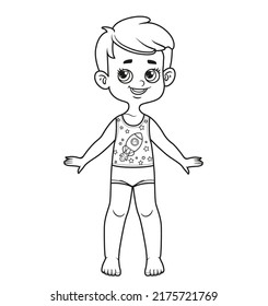 Cute cartoon boy with classic haircut dressed in underwear barefoot outline for coloring on a white background