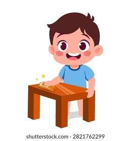 Cute cartoon boy cleaning a table with a cloth, showing household responsibility, hygiene habits, and learning activities for children.