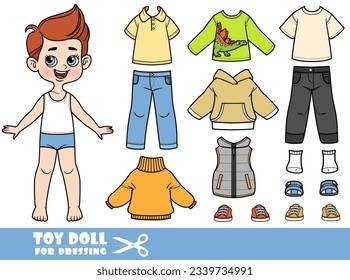 Niño de dibujos animados con ropa por separado -   chaqueta, chaleco, camiseta, manga larga, vaqueros y zapatillas para vestir