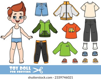 Niño de dibujos animados con ropa por separado -   chaqueta, pantalones cortos, manga larga, camiseta, vaqueros y zapatillas para vestir