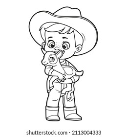 Cute cartoon boy in a cowboy hat holds a little goat in arms outlined for coloring page on white background