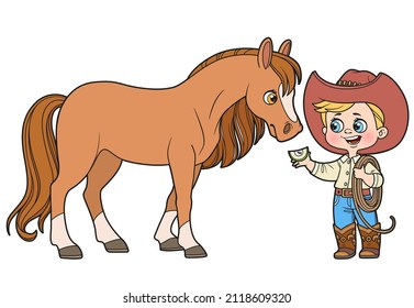 Cute cartoon boy cowboy in hat holding lasso feed the horse an apple color variation for coloring page on white background