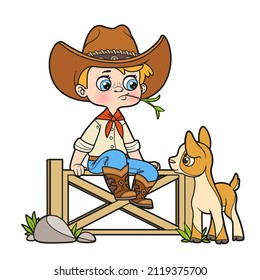 Cute cartoon boy cowboy in hat sits on the fence and looks at the goat nearby color variation for coloring page on white background