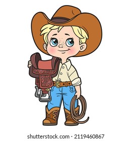 Cute cartoon boy cowboy in hat holding saddle and lasso color variation for coloring page on white background