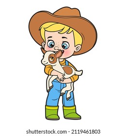 Cute cartoon boy in a cowboy hat holds a little goat in arms color variation for coloring page on white background