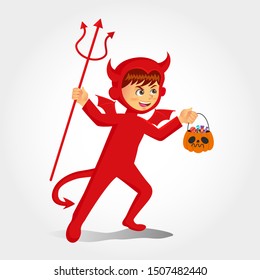 Cute cartoon  boy in devil costume with a pumpkin bag for sweets trick or treat isolated on white background