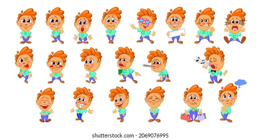 Cute cartoon boy in different actions sticker set. Expressions of surprise, smiling, confused, amazed, angry kid vector illustrations isolated on white background. Emotions concept for social media