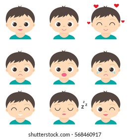 Un niño de caricatura con diferentes emociones. Conjunto vectorial de emoji y emoticonos 