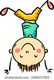 Cute cartoon boy doing a handstand, kid upside down. Fitness or yoga pose illustration. Isolated character