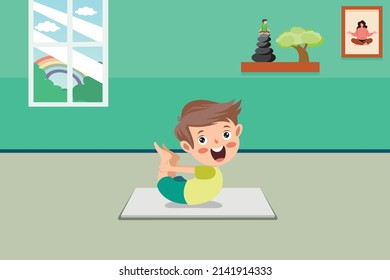 Cute Cartoon Boy Doing Indoor Yoga Flat Illustration