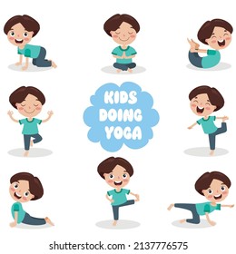 Cute Cartoon Boy Doing Yoga. Kids Exercise Flat Illustration  