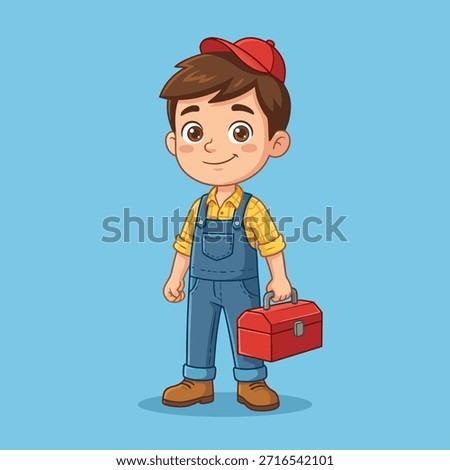 A cute cartoon boy dressed as a mechanic, wearing overalls and a cap, holding a red toolbox.