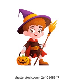 Cute cartoon boy dressed as a witch with a pointed hat, broom and pumpkin candy basket, getting ready for Halloween night. Festive Halloween illustration.