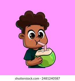 Cute Cartoon Boy Drinking Coconut Water Refreshing Summer Illustration