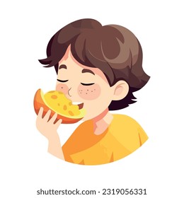 Cute cartoon boy eating snack happily icon isolated