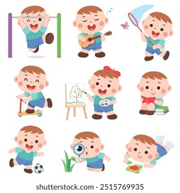Cute Cartoon Boy Engaging in Various Fun Activities
