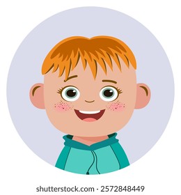 Cute cartoon boy face, big eyes, red hair, smiling emotions. Children avatar. circle for social networks. Vector illustration on white background