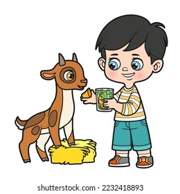 Cute cartoon boy feed goat with carrot and salad pieces color variation for coloring page on white background