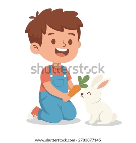Cute Cartoon Boy Feeding a White Rabbit with a Carrot on White Background
