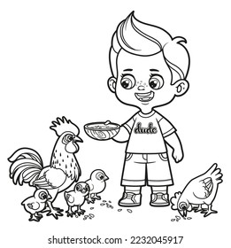 Cute cartoon boy feeds feeds chickens and chicks with grains from a bowl outlined for coloring page on white background