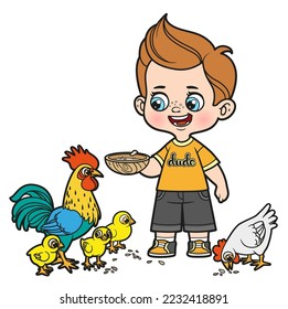 Cute cartoon boy feeds feeds chickens and chicks with grains from a bowl color variation for coloring page on white background