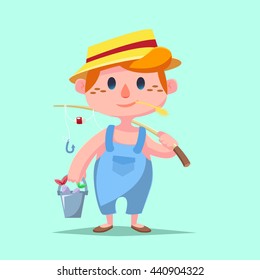 Cute cartoon Boy fishing with fish bucket Vector illustration