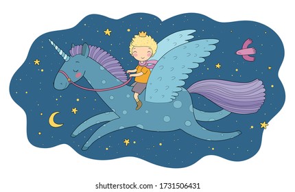 Cute cartoon boy flies on a pegasus. Little prince and unicorn