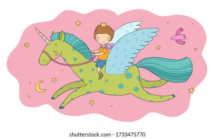 Cute cartoon boy flies on a pegasus. Little prince and magic unicorn