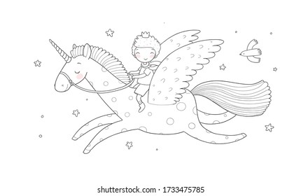 Cute cartoon boy flies on a pegasus. Little prince and magic unicorn. Coloring book. Vector illustration