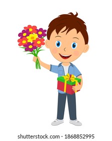niño lindo de dibujos animados con flores y regalo, vector, ilustración