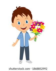 cute cartoon boy with flowers, vector,illustration