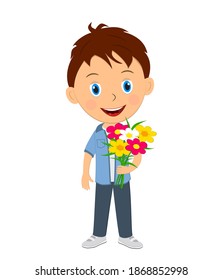 cute cartoon boy with flowers, vector,illustration