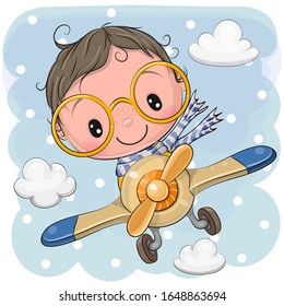 Cute Cartoon Boy is flying on a plane