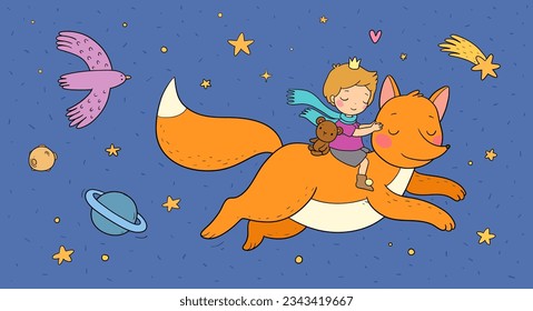 Cute cartoon boy and fox are flying across the sky. Sweet dreams. Good night.