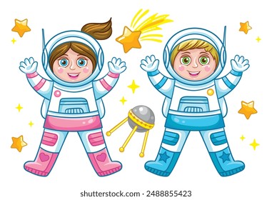 Cute cartoon boy and girl astronaut, stars, satellite. Vector characters on white background