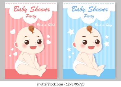 cute cartoon boy and girl with baby shower invitation card