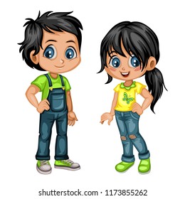 Cute Cartoon Boy and Girl in Beautiful Clothes. Happy Little Kids Vector Illustration Isolated on White Background